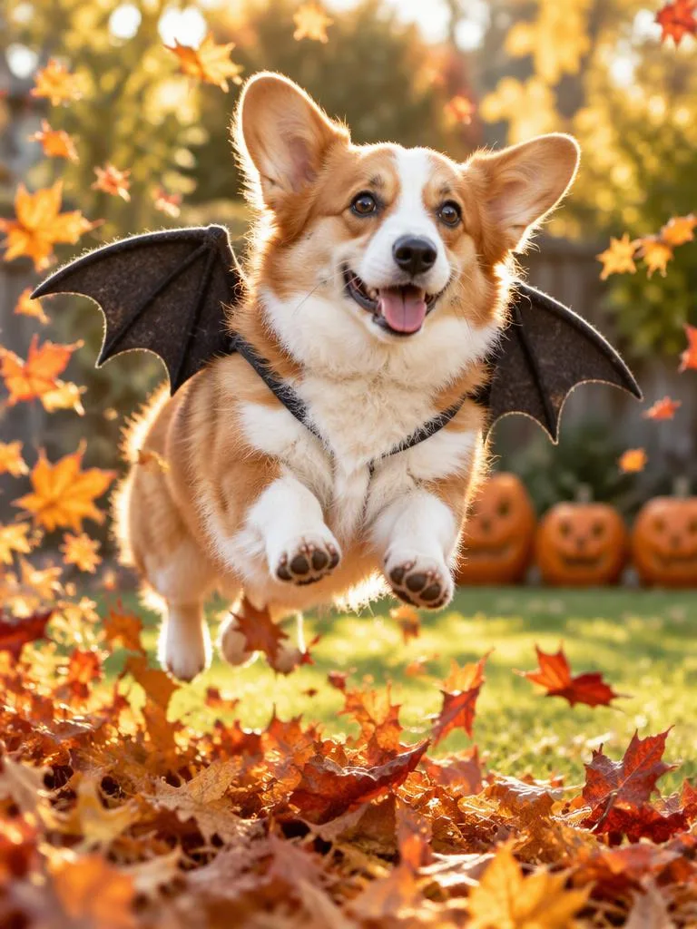 Bat Wings, Ready for Takeoff: Soft felt bat wings and a leap out of a pile of autumn leaves. (AI Halloween photo example)