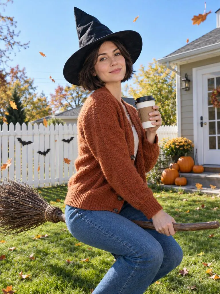 Broomstick Hover, Coffee in Hand: Hovering a foot above a sunny lawn with a takeaway coffee, totally unbothered. (AI Halloween photo example)