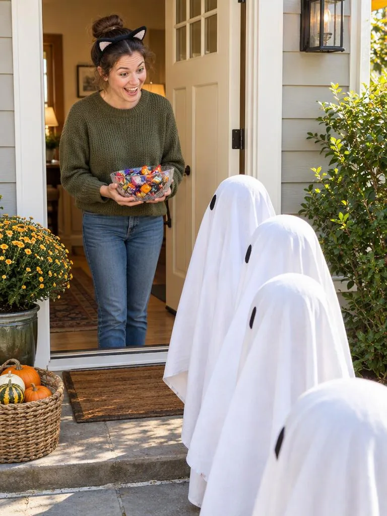 Ghosts Lined Up at the Front Door: You open the door with a candy bowl, and a line of bedsheet ghosts is waiting on the path. (AI Halloween photo example)