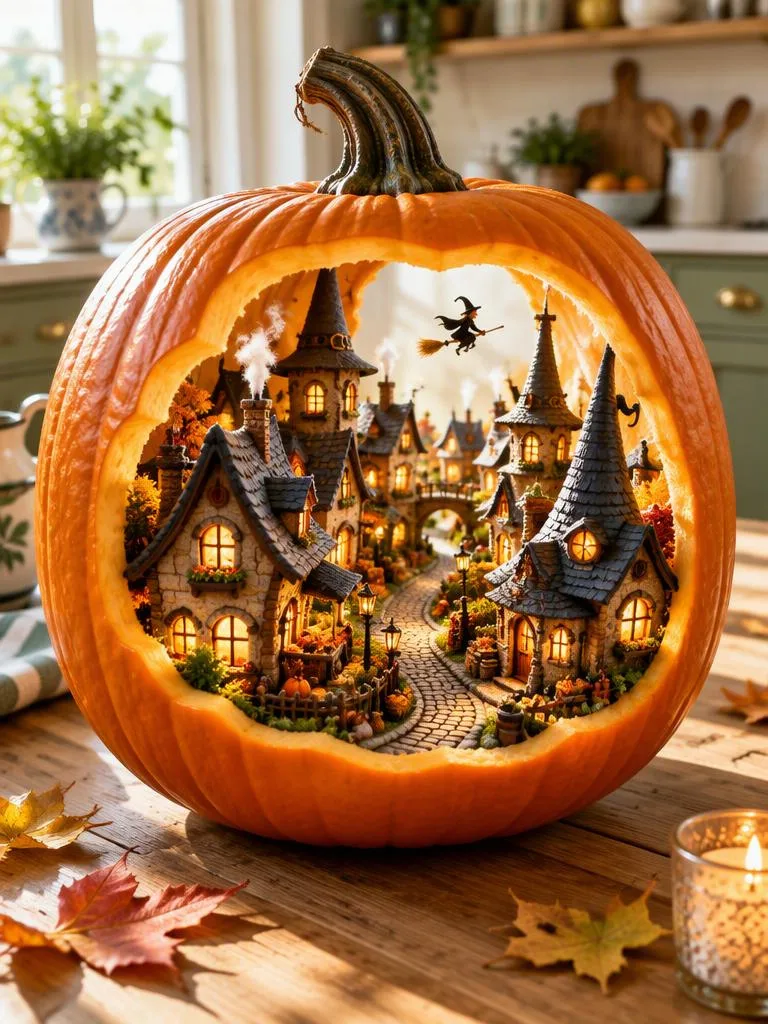 A Tiny Town Inside a Jack-o'-Lantern: A carved pumpkin holding a miniature witch town, with smoke rising from the chimneys. (AI Halloween photo example)