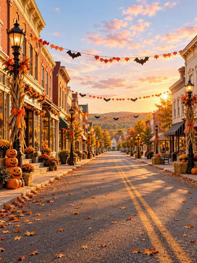 Main Street at Golden Hour: A small-town main street with pumpkin displays, paper bats and warm sunset light. (AI Halloween photo example)