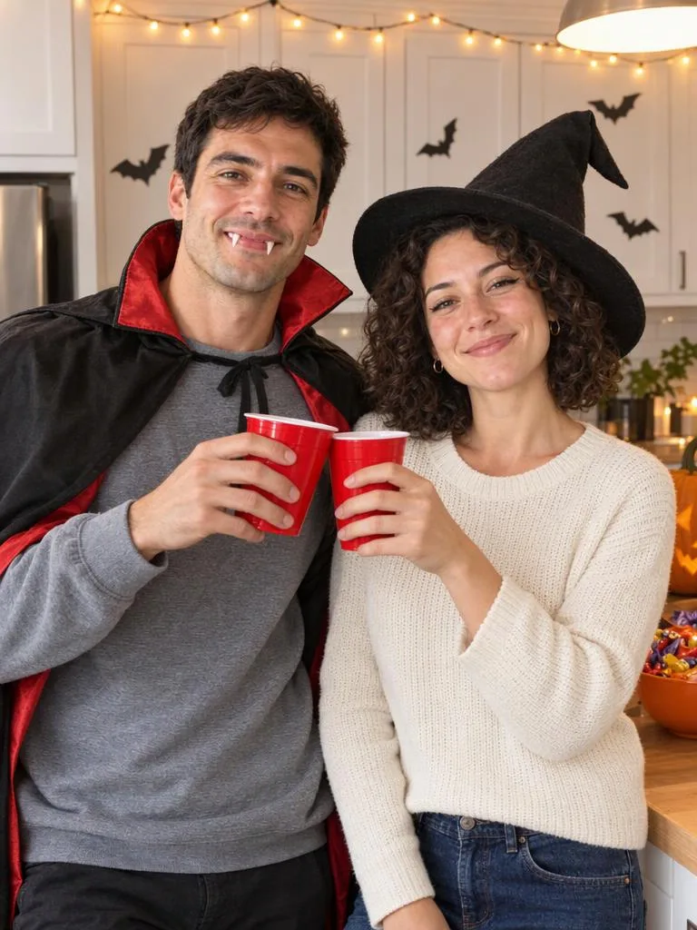 Party Kitchen, String Lights On: Homemade vampire cape and witch hat, laughing over red cups in a bright party kitchen. (AI Halloween photo example)