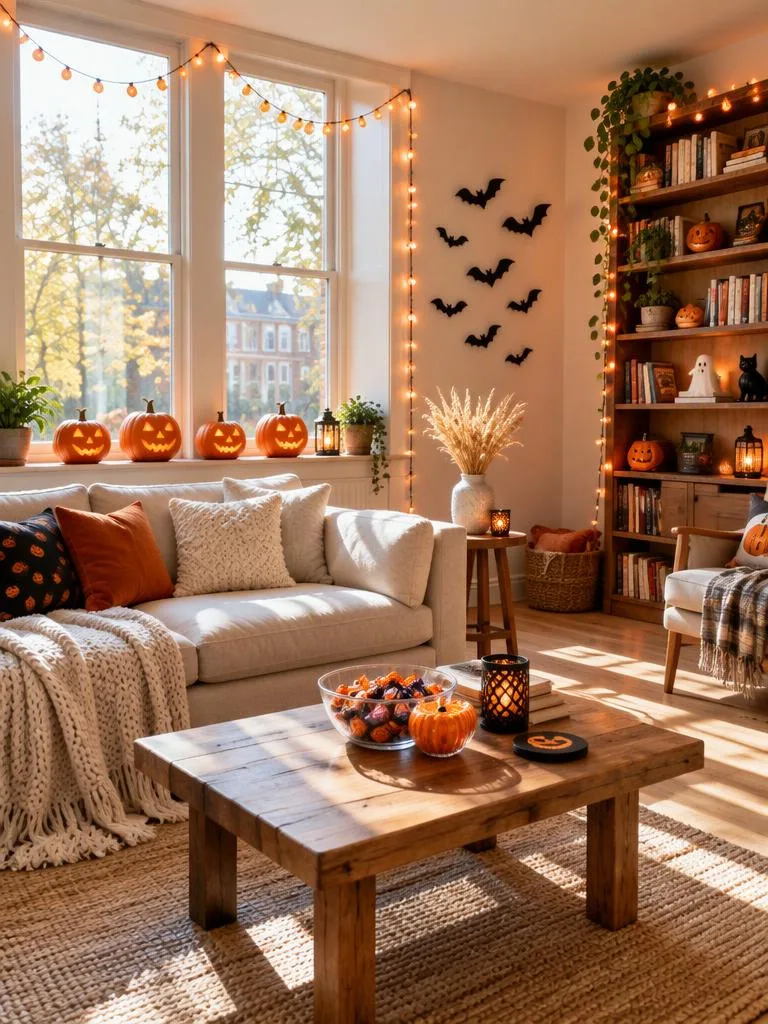 A Living Room Ready for the Party: A bright living room with string lights, pumpkins and a candy bowl, and no guests yet. (AI Halloween photo example)