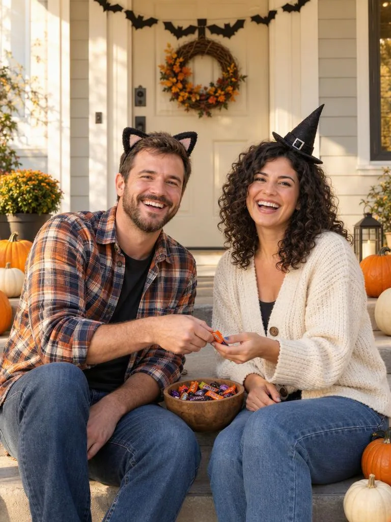 Porch for Two, Candy Bowl Ready: A cat-ear headband and a witch hat on a decorated porch, sharing one candy bowl. (AI Halloween photo example)