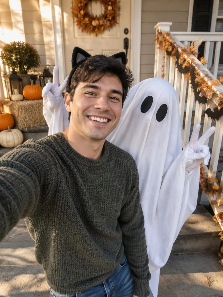 Ghost Crashes the Porch Selfie: A selfie on a decorated porch, and a bedsheet ghost leans in for the peace sign. (AI Halloween photo example)