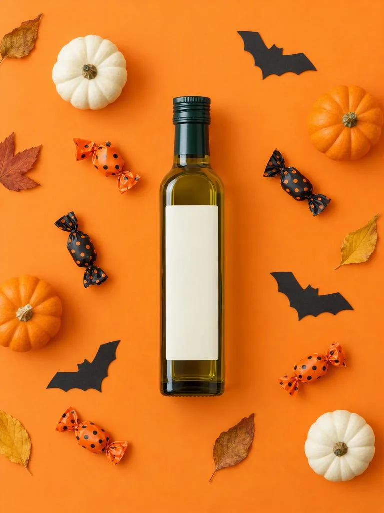 Candy-Orange Flat Lay: Top-down on bright orange paper, with candy, mini pumpkins and paper bats around the product. (AI Halloween photo example)