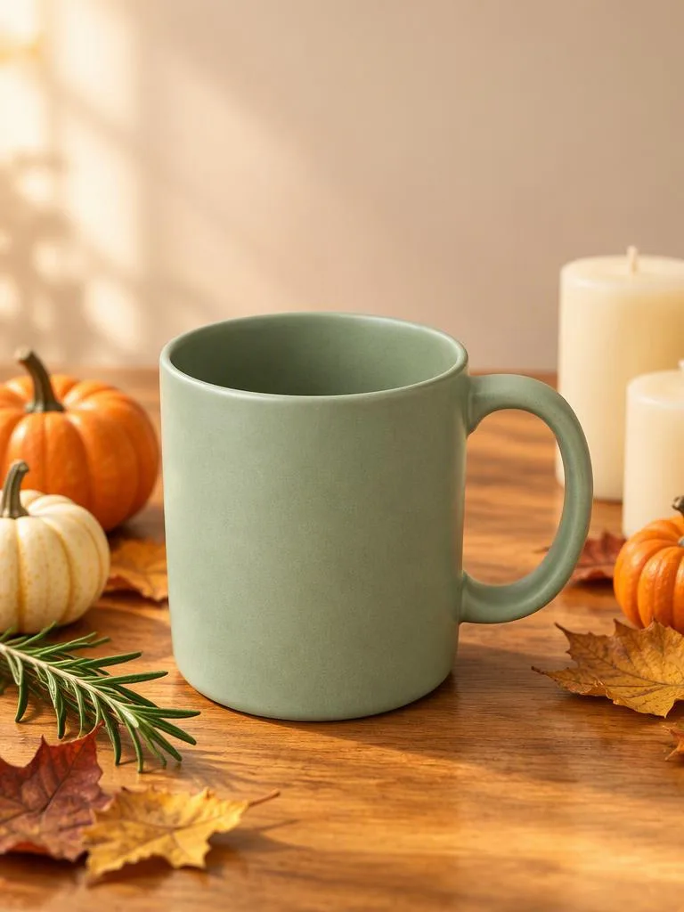 Harvest-Season Product Hero: Your product on a warm wooden table, with mini pumpkins, candles and dry leaves around it. (AI Halloween photo example)