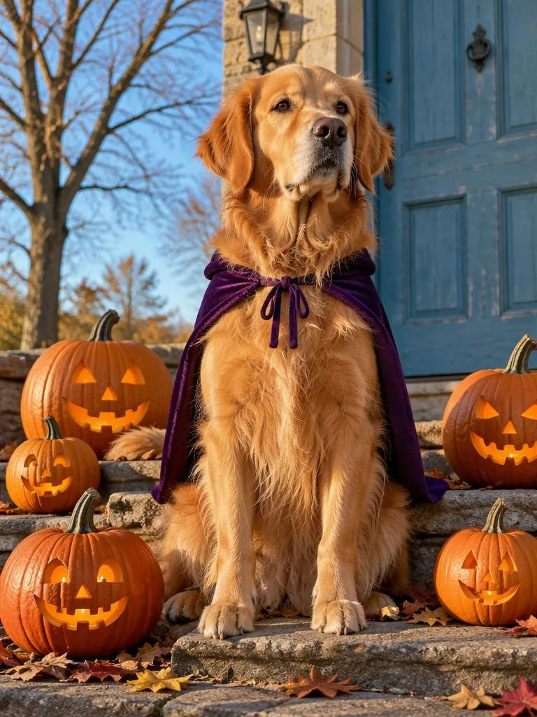 Tiny Guard of the Pumpkin Steps: A small purple cape, a proud pose on the steps and a ring of carved pumpkins. (AI Halloween photo example)