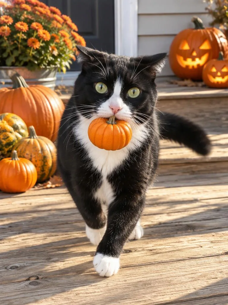 Caught Red-Pawed: The Pumpkin Thief: A mini pumpkin in its mouth, frozen mid-escape in the afternoon sun. (AI Halloween photo example)