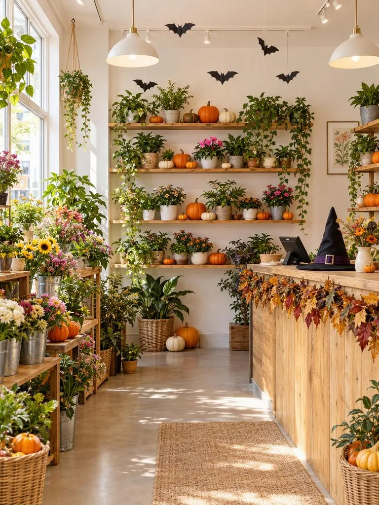 Flower Shop Dressed for Halloween: Pumpkins on the shelves and a witch hat on the till, with the stock left as it is. (AI Halloween photo example)