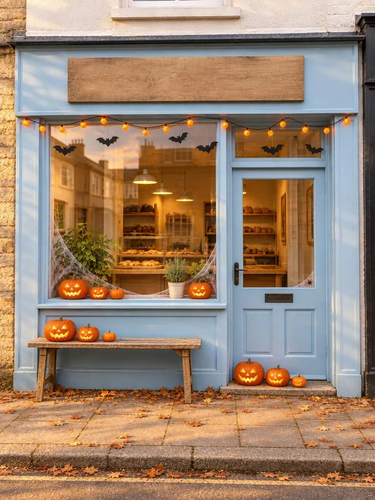 Storefront Makeover for Halloween: Pumpkin lanterns, window cobwebs and string lights on a bright shopfront. (AI Halloween photo example)