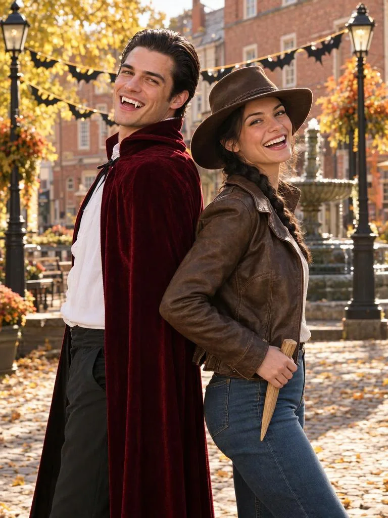 Vampire & Hunter, Truce for the Afternoon: A cape and a plastic stake, a standoff in the square that breaks into laughter. (AI Halloween photo example)