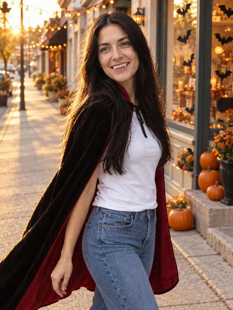 Velvet Vampire, Golden-Hour Walk: Your everyday outfit under a velvet cape, with plastic fangs and a look back over the shoulder. (AI Halloween photo example)