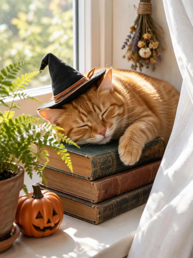 Nap on the Sunny Windowsill: A tiny witch hat slightly askew, asleep on a stack of old books in the sun. (AI Halloween photo example)