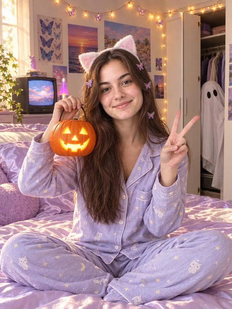 Who's in the Doorway?: A Y2K bedroom, a glowing pumpkin lantern in hand, and a bedsheet ghost peeking from the wardrobe. (AI Halloween photo example)